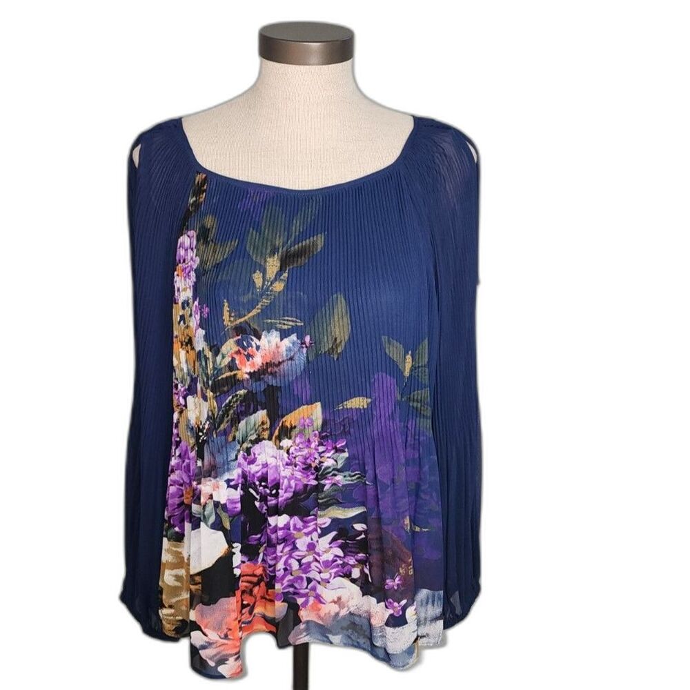 INC International Concepts Blue Floral Pleated Cold Shoulder Blouse Size S